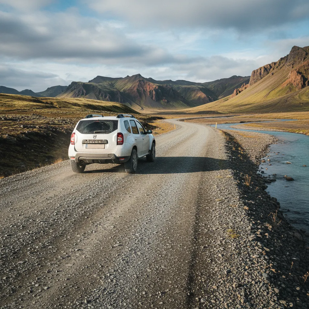Mietwagen auf einer Schotterstraße in Islands Hochland