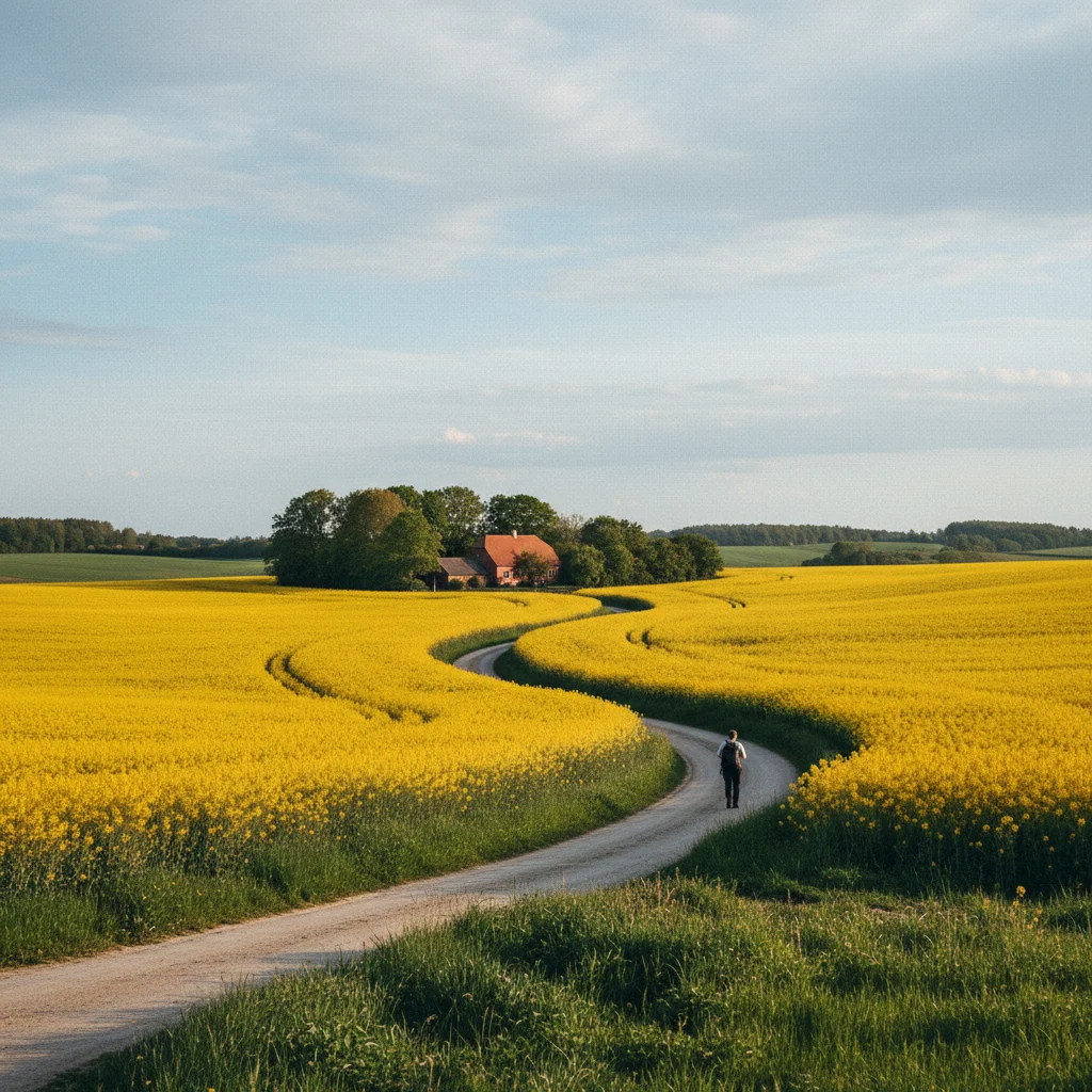 Blühende Rapsfelder in Dänemark im Frühling