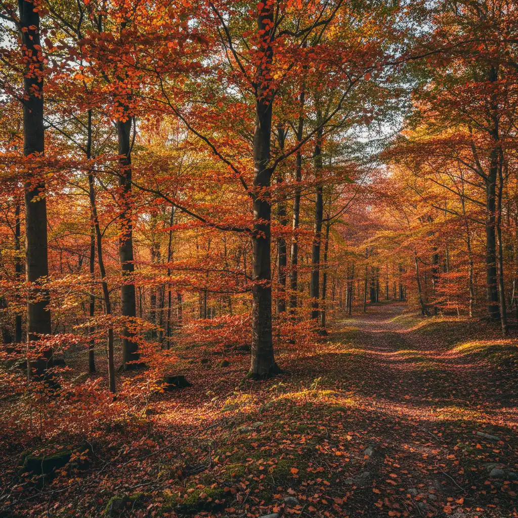 Herbstliche Buchenwälder in Dänemark mit buntem Laub