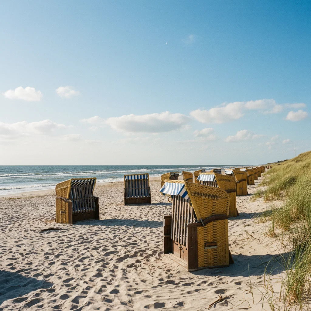 Leerer dänischer Strand mit Strandkörben bei Sonnenschein