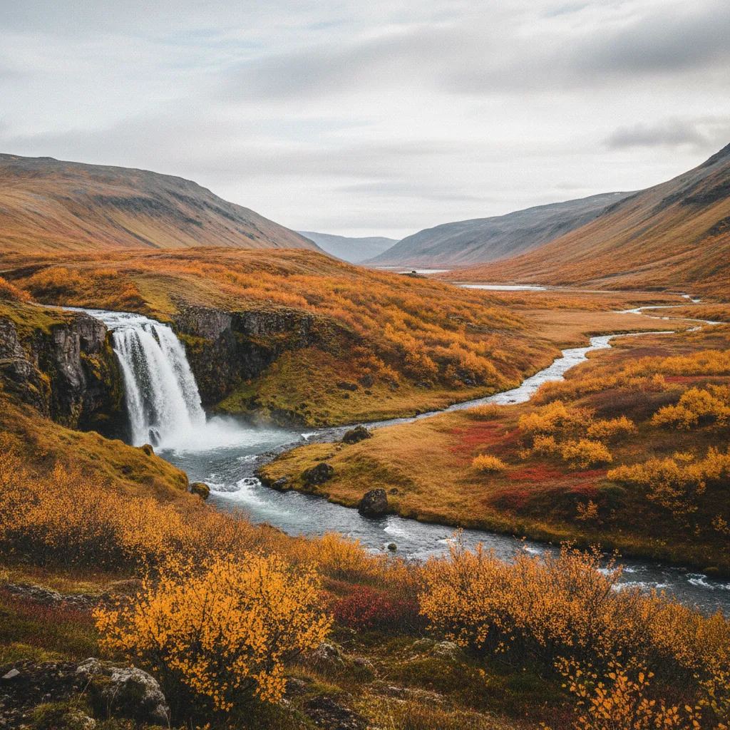 Herbstliche Landschaft in Island mit buntem Laub und Wasserfall
