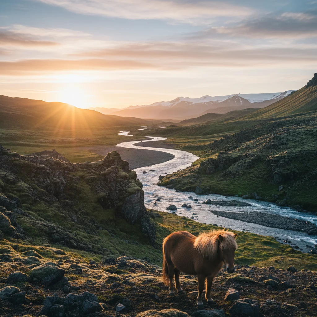 Mitternachtssonne über isländischer Landschaft im Sommer
