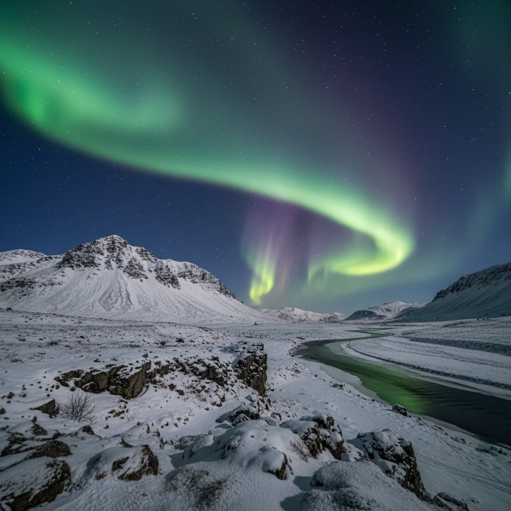Nordlichter über verschneiter isländischer Landschaft im Winter