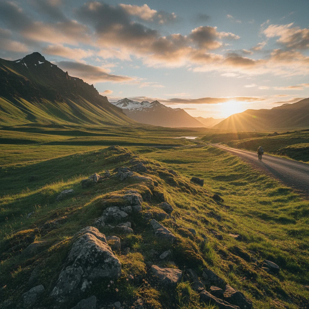 Sommerliche Landschaft in Island mit grünen Wiesen und Mitternachtssonne