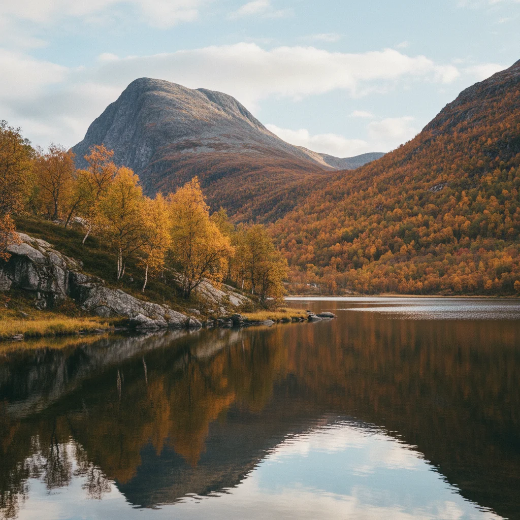 Norwegische Berglandschaft im Herbst mit buntem Laub und ruhigem See