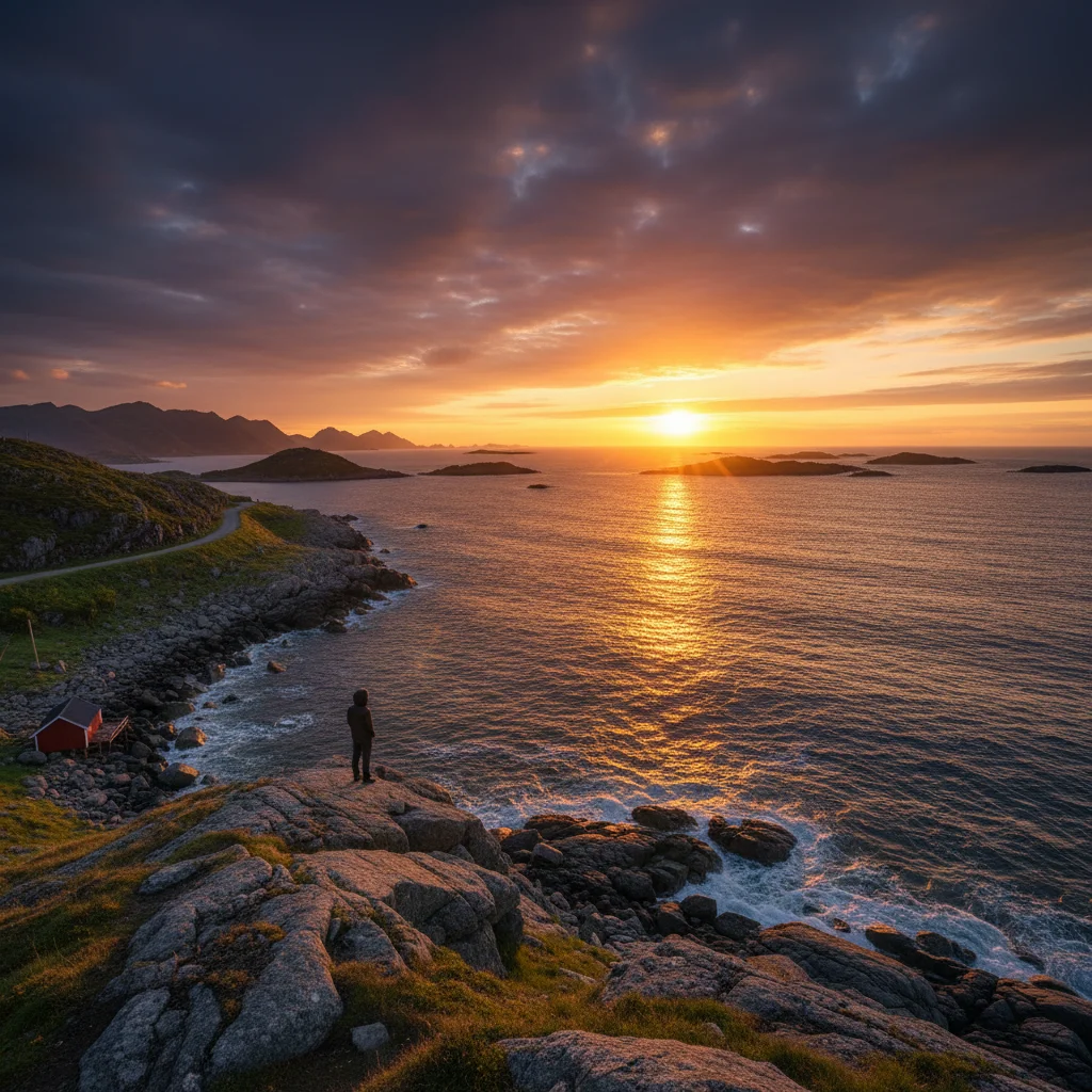 Mitternachtssonne über dem norwegischen Meer mit orangefarbenem Himmel