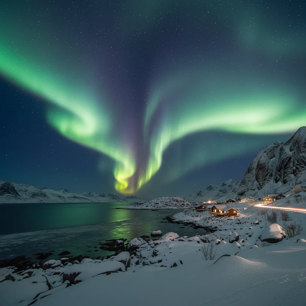 Nordlichter über einer verschneiten norwegischen Küstenlandschaft