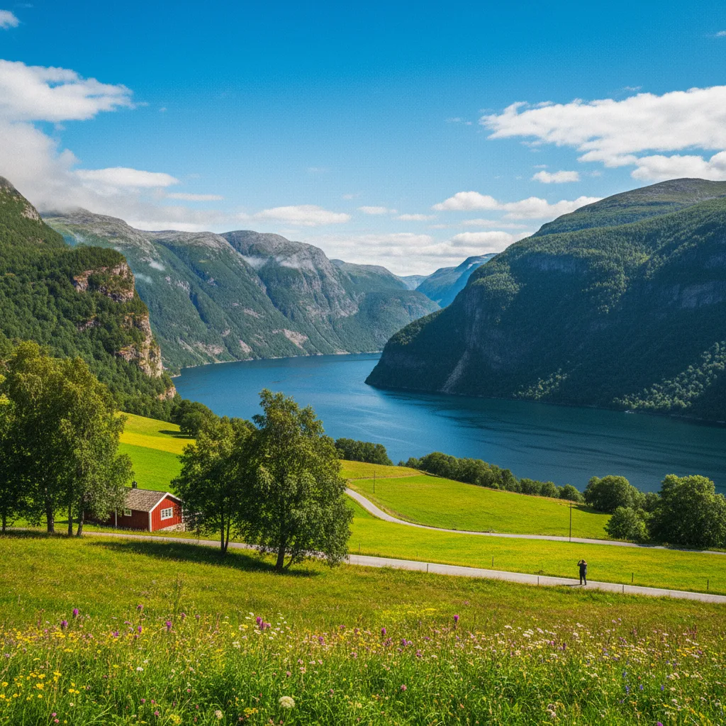 Norwegische Fjordlandschaft im Sommer mit grünen Wiesen und blauem Himmel