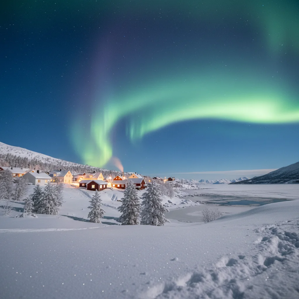 Verschneites norwegisches Dorf im Winter mit Nordlicht am Himmel