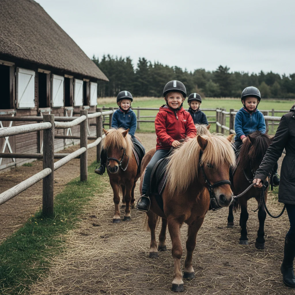 Kinder auf Ponys bei einem dänischen Reiterhof