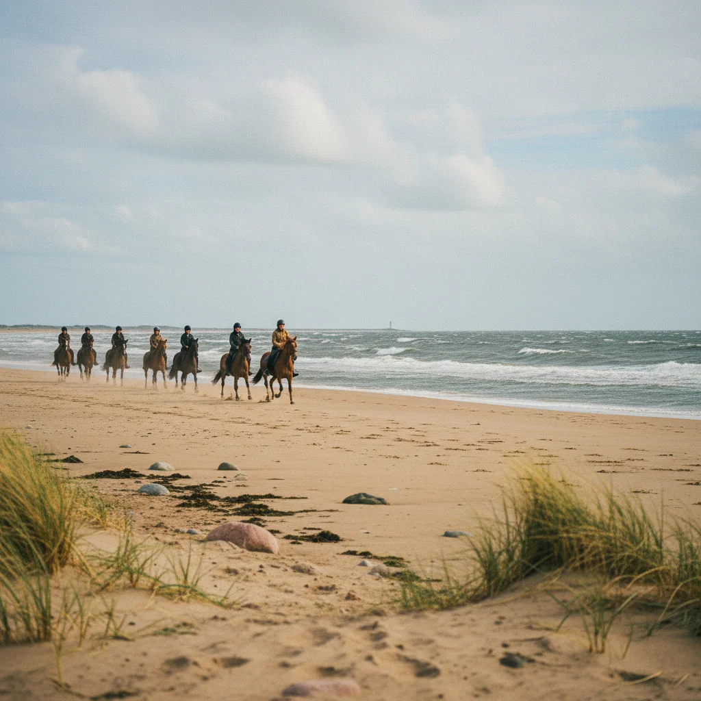 Reitergruppe galoppiert am dänischen Nordseestrand