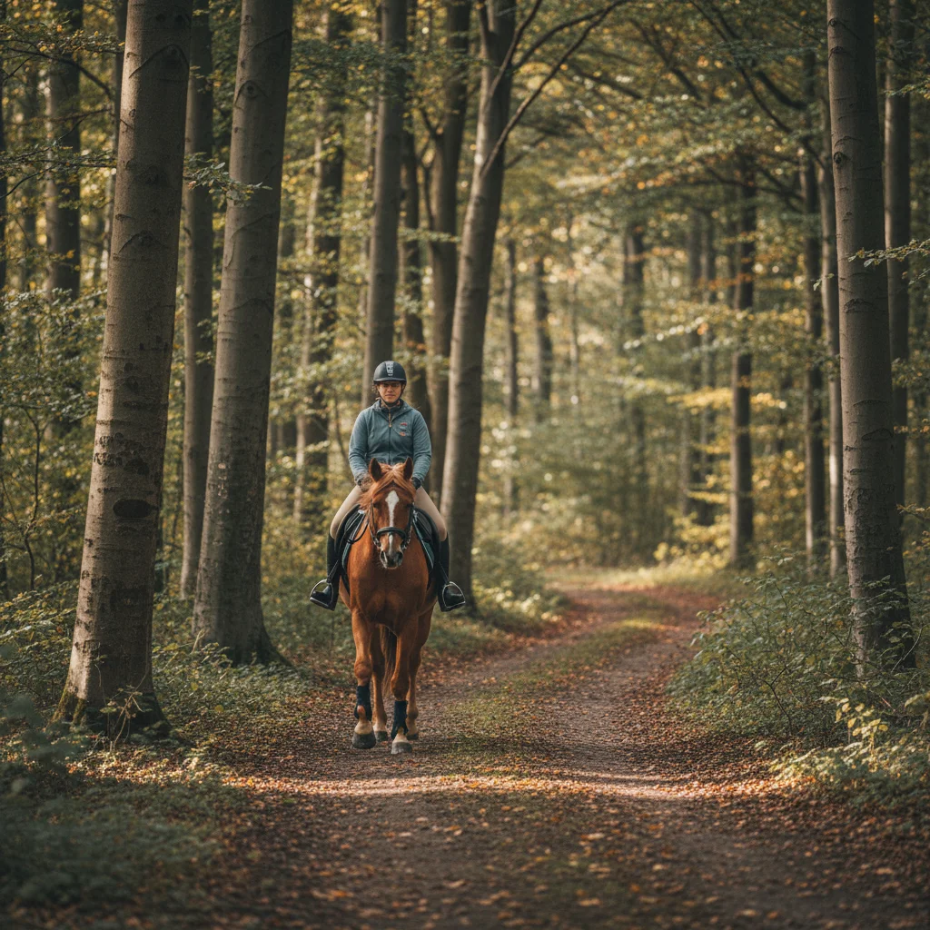 Reiterin auf einem Waldweg in Dänemark