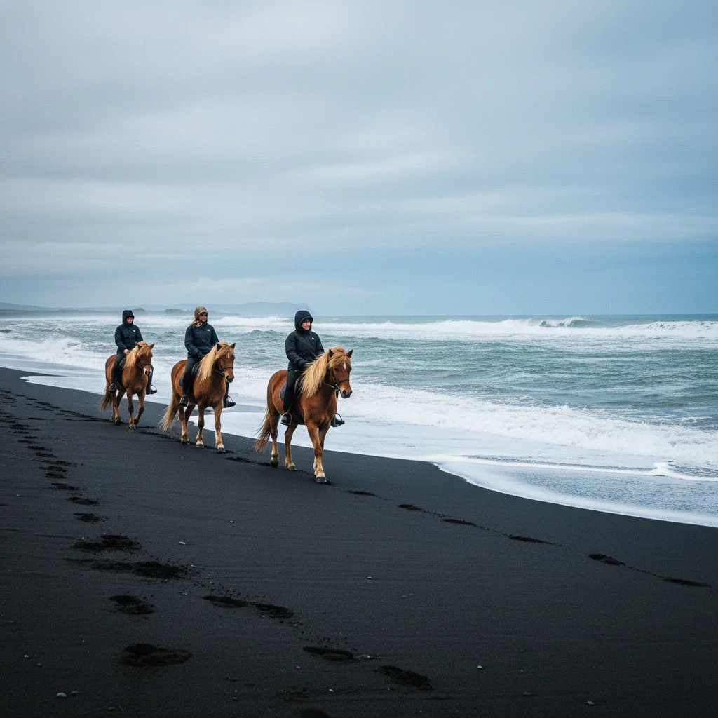 Reiter auf Islandpferden am schwarzen Sandstrand mit Wellen im Hintergrund