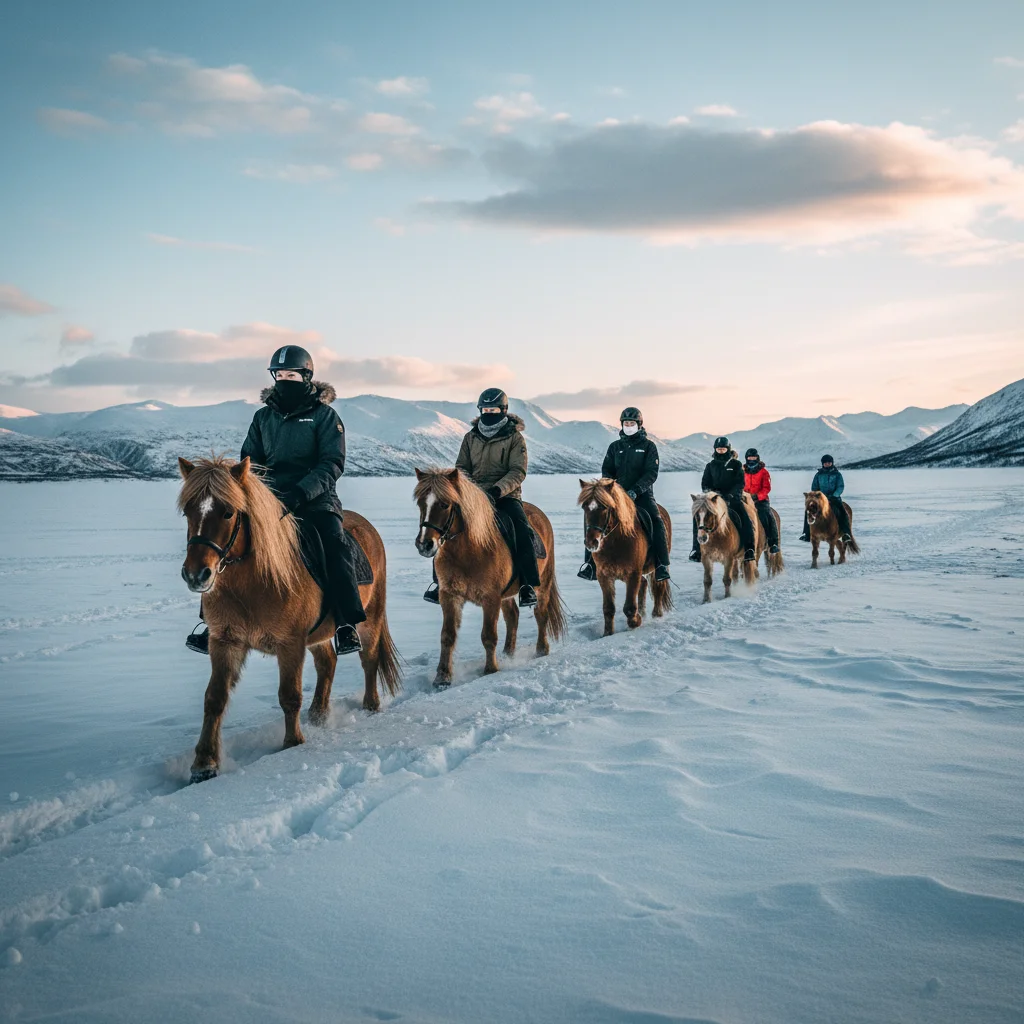 Reiter auf Islandpferden im Winter mit verschneiter Landschaft