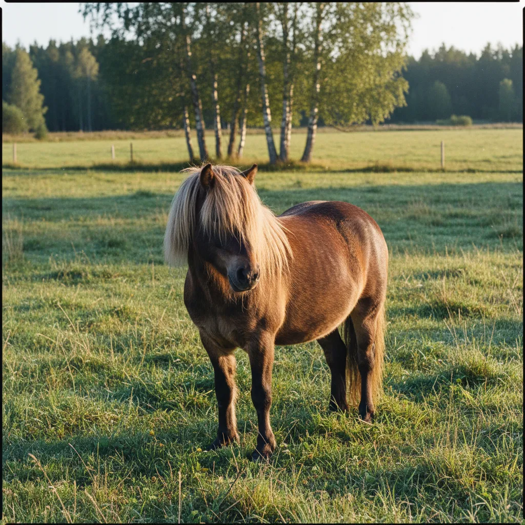 Islandpferd mit dichter Mähne auf einer schwedischen Weide im Morgenlicht