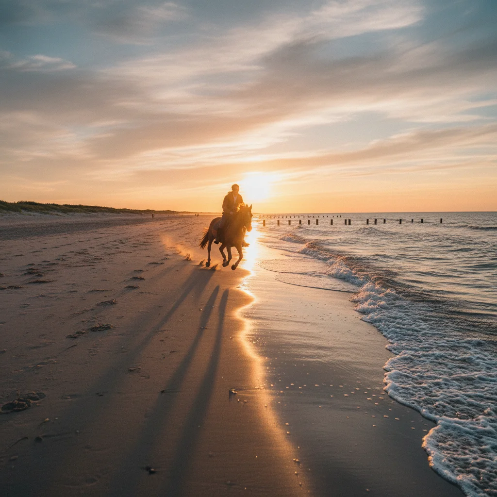 Reiter im Galopp über einen breiten schwedischen Sandstrand bei Sonnenuntergang