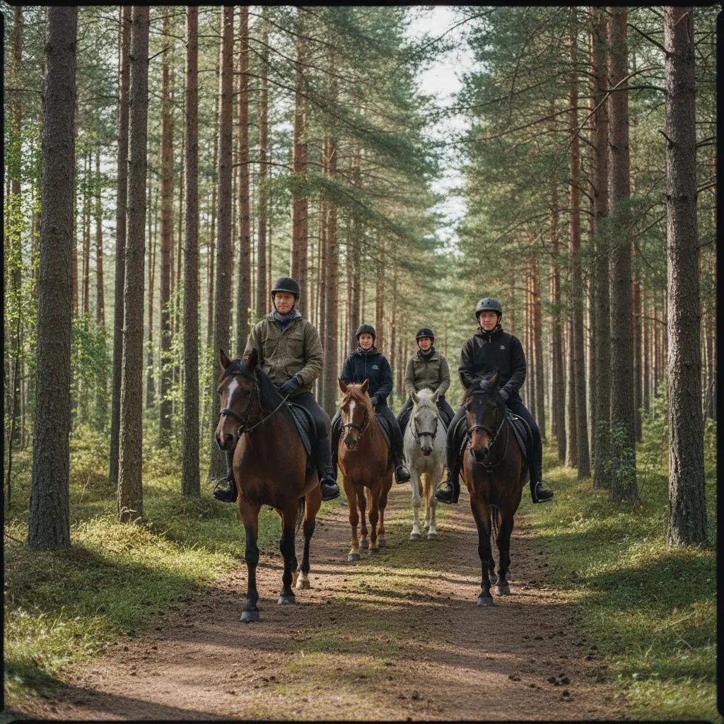 Reitergruppe auf einem schmalen Waldweg zwischen hohen Kiefern in Schweden