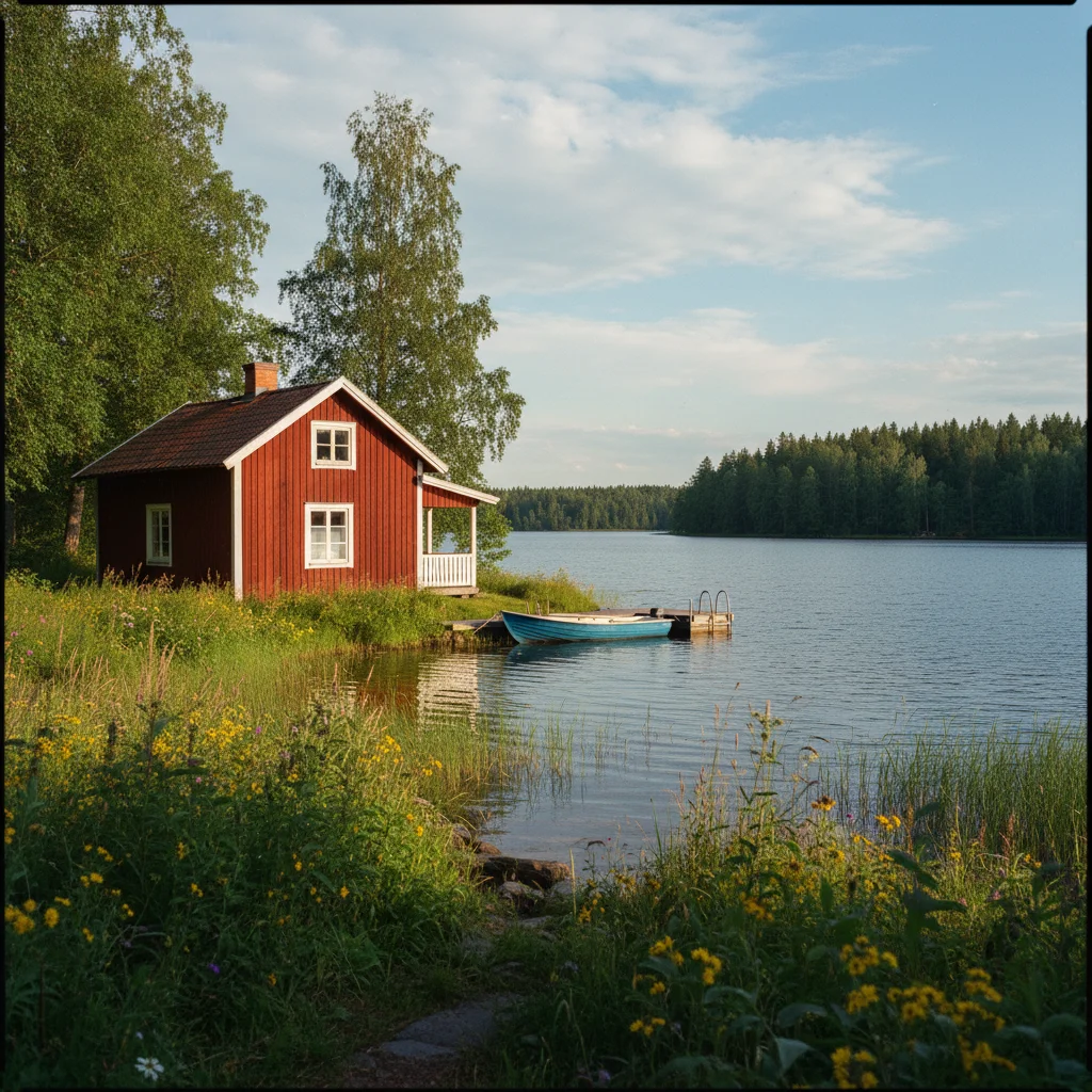 Rotes schwedisches Ferienhaus am See im Sommer