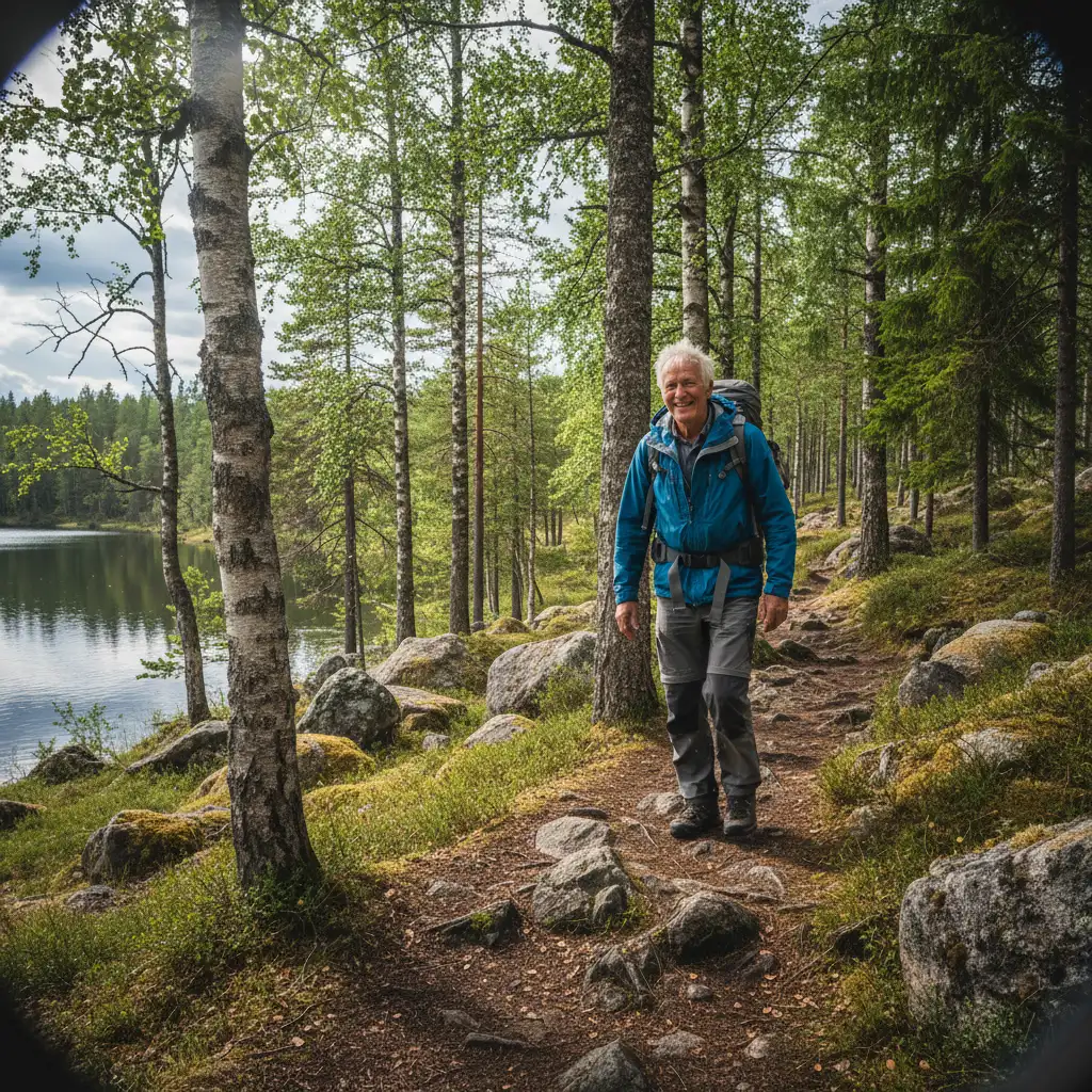 Aktiver Rentner beim Wandern in schwedischer Natur