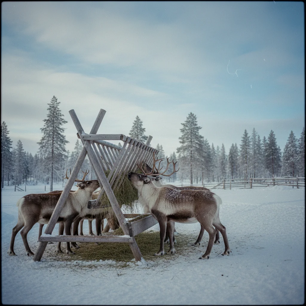 Rentierfarm in Finnisch-Lappland mit Rentieren im Schnee