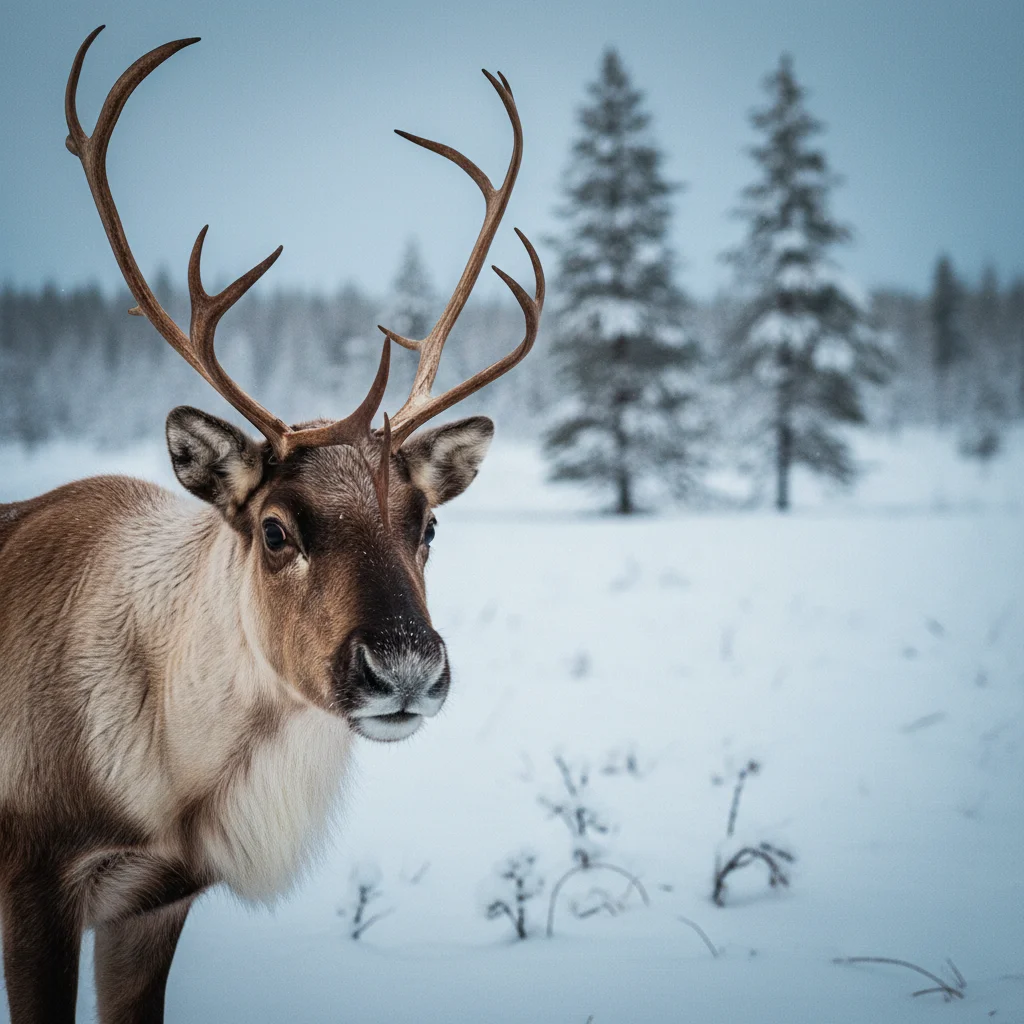 Nahaufnahme eines Rentiers mit Geweih im winterlichen Lappland