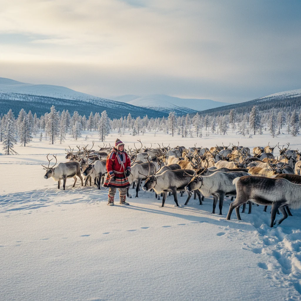 Samischer Rentierhirte mit Herde in der verschneiten Landschaft Lapplands