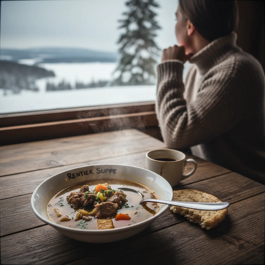 Herzhafte Rentiersuppe in einer Schüssel