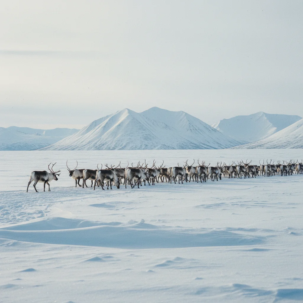 Rentierherde auf einer verschneiten Hochebene in Lappland mit Bergen im Hintergrund