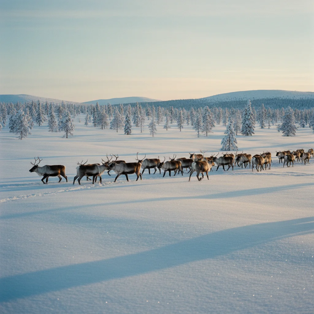 Rentierherde in der verschneiten Landschaft Lapplands