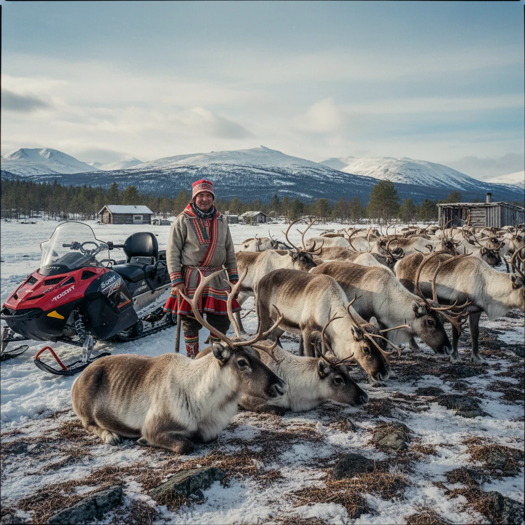 Samischer Rentierhirte bei der Arbeit mit seiner Herde im winterlichen Nordschweden