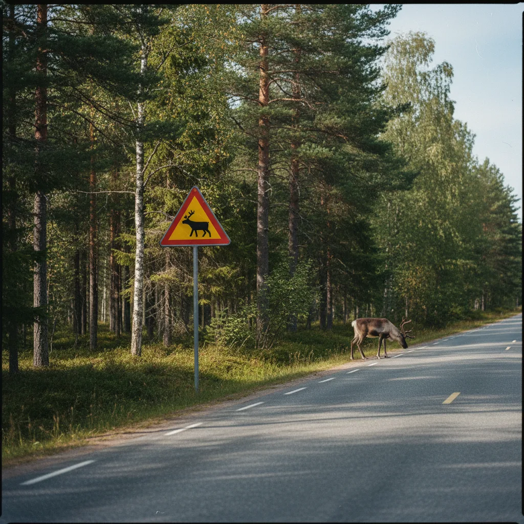 Rentiere stehen auf einer verschneiten Straße in Nordschweden neben einem Warnschild