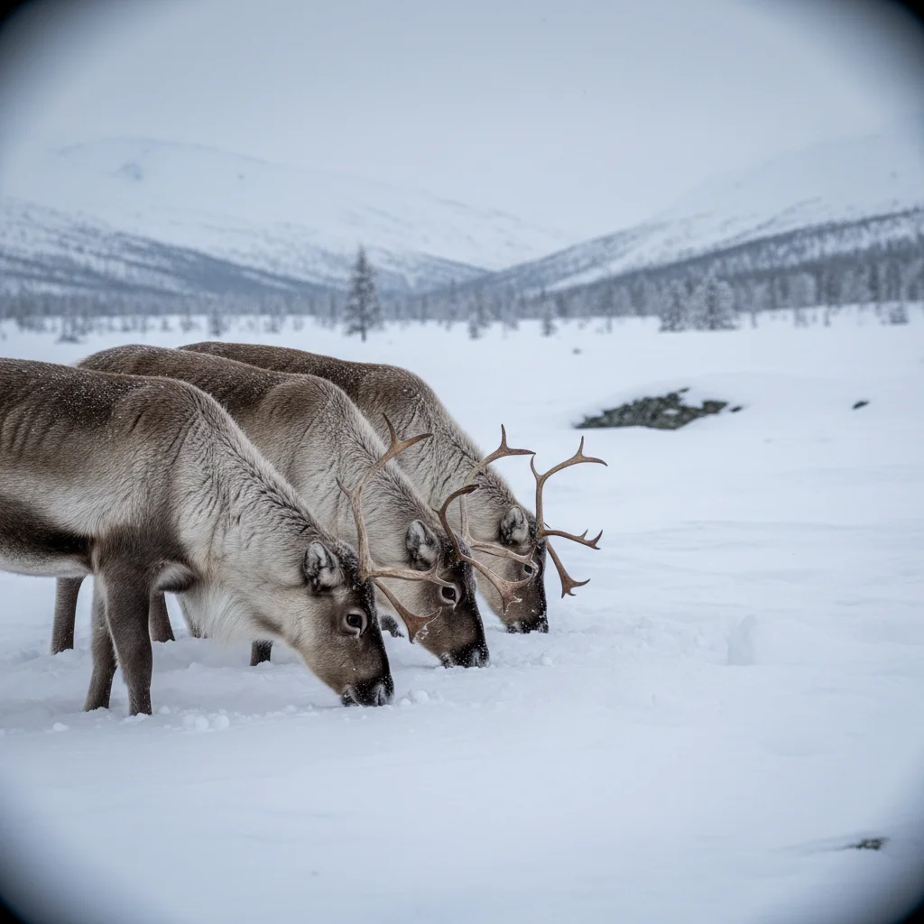 Rentiere im tiefen Schnee in Nordschweden graben nach Flechten unter der Schneedecke