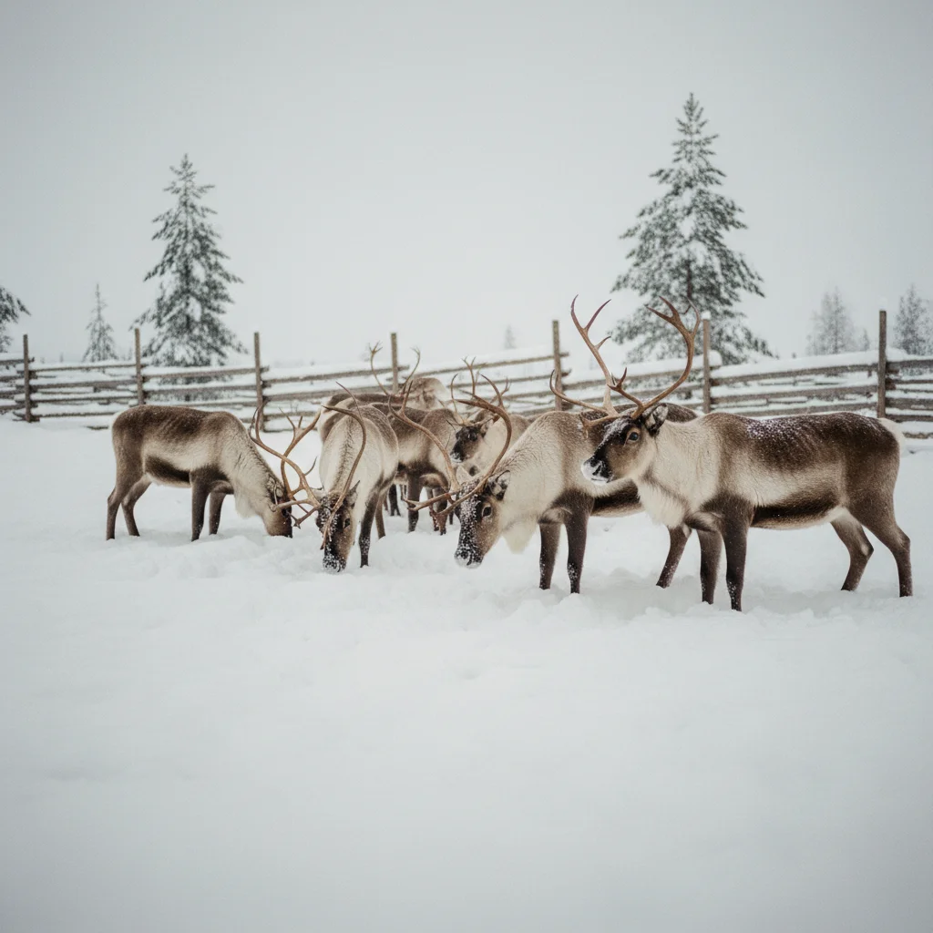 Rentiere auf einer Farm in Finnisch-Lappland im Schnee