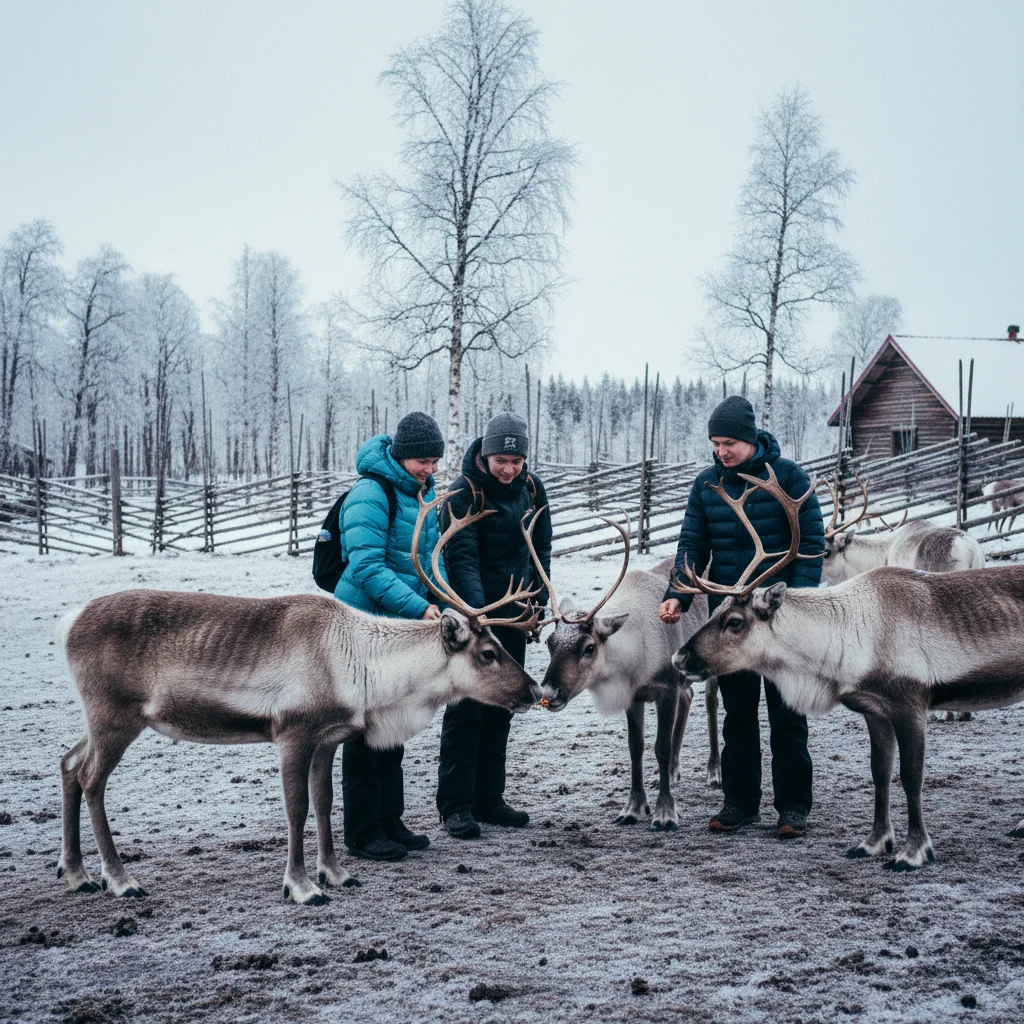 Besucher füttern Rentiere auf einer Farm in Finnisch-Lappland