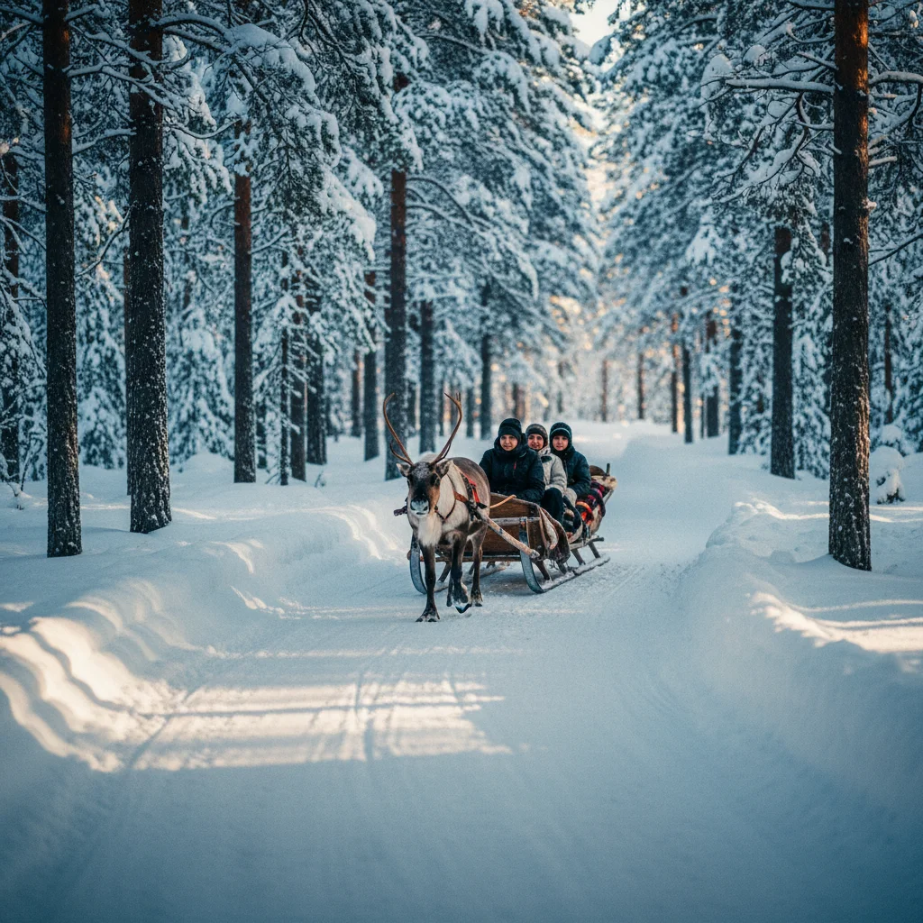 Rentierschlitten auf einem verschneiten Weg durch den Wald in Lappland