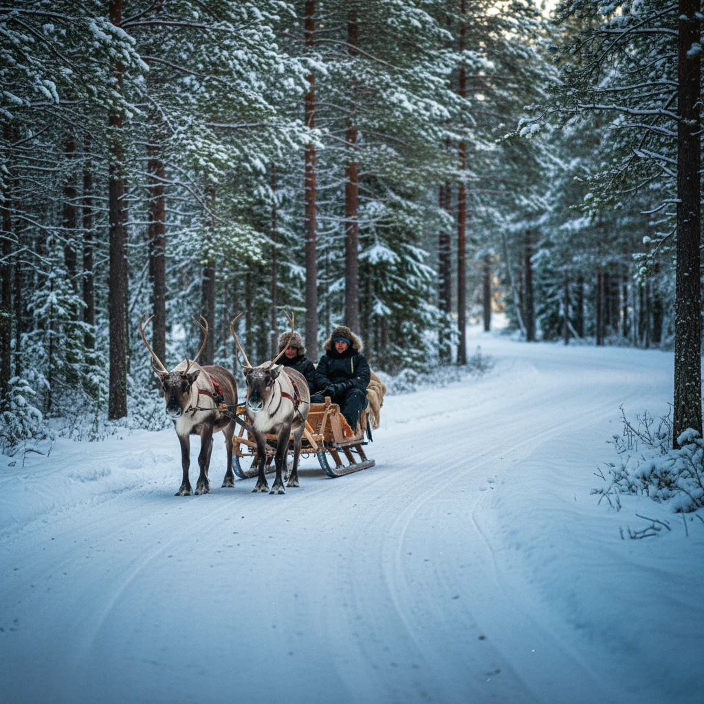 Rentierschlittenfahrt durch verschneiten Wald in Finnisch-Lappland