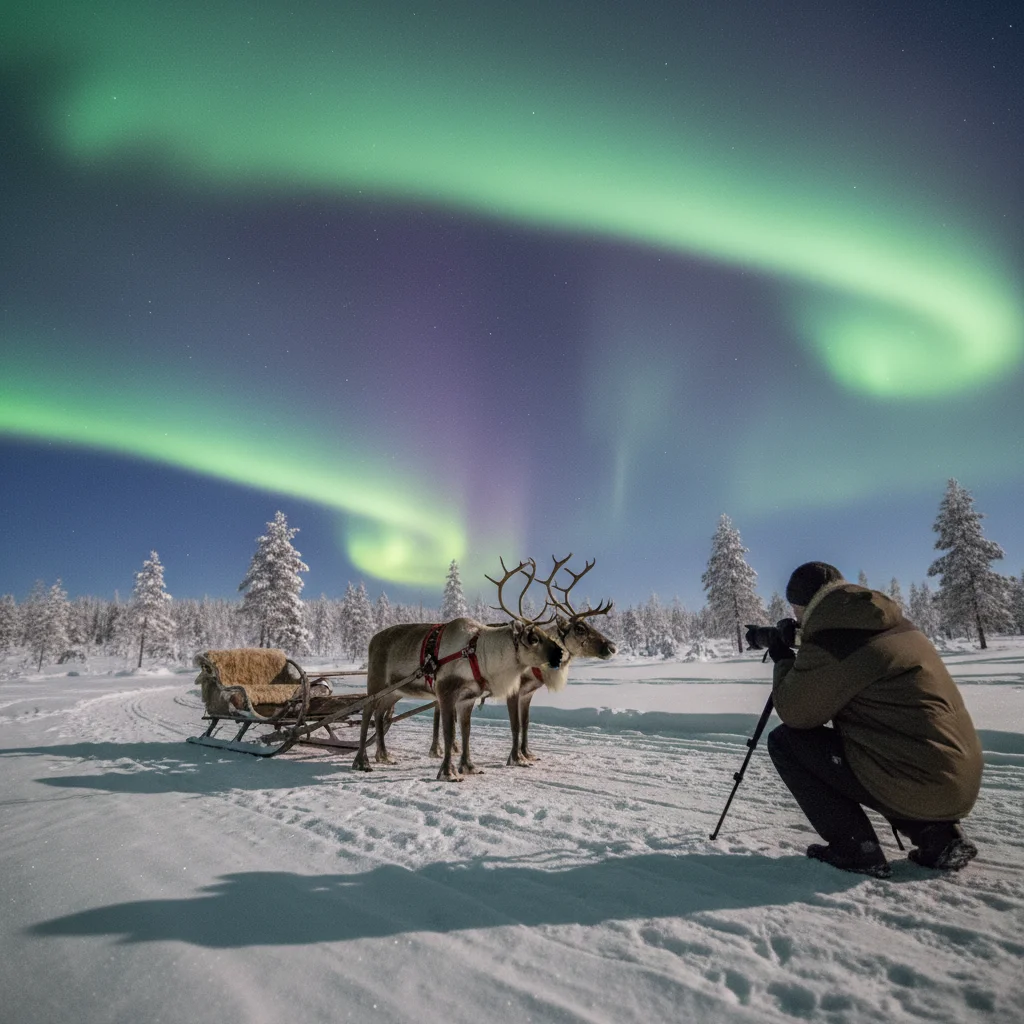 Rentierschlittenfahrt unter den Nordlichtern in Finnisch-Lappland