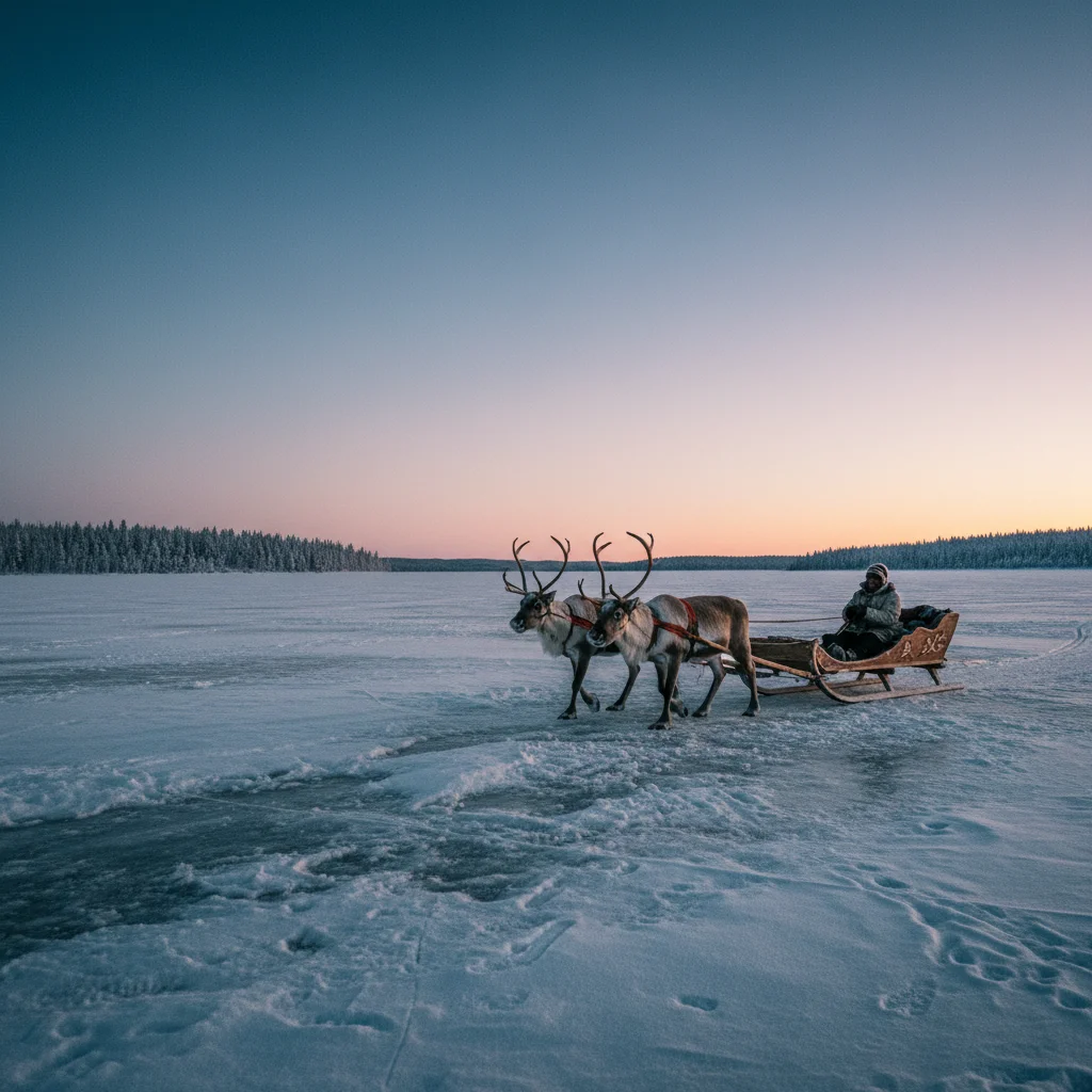 Rentierschlitten auf einem zugefrorenen See in Lappland bei Dämmerung
