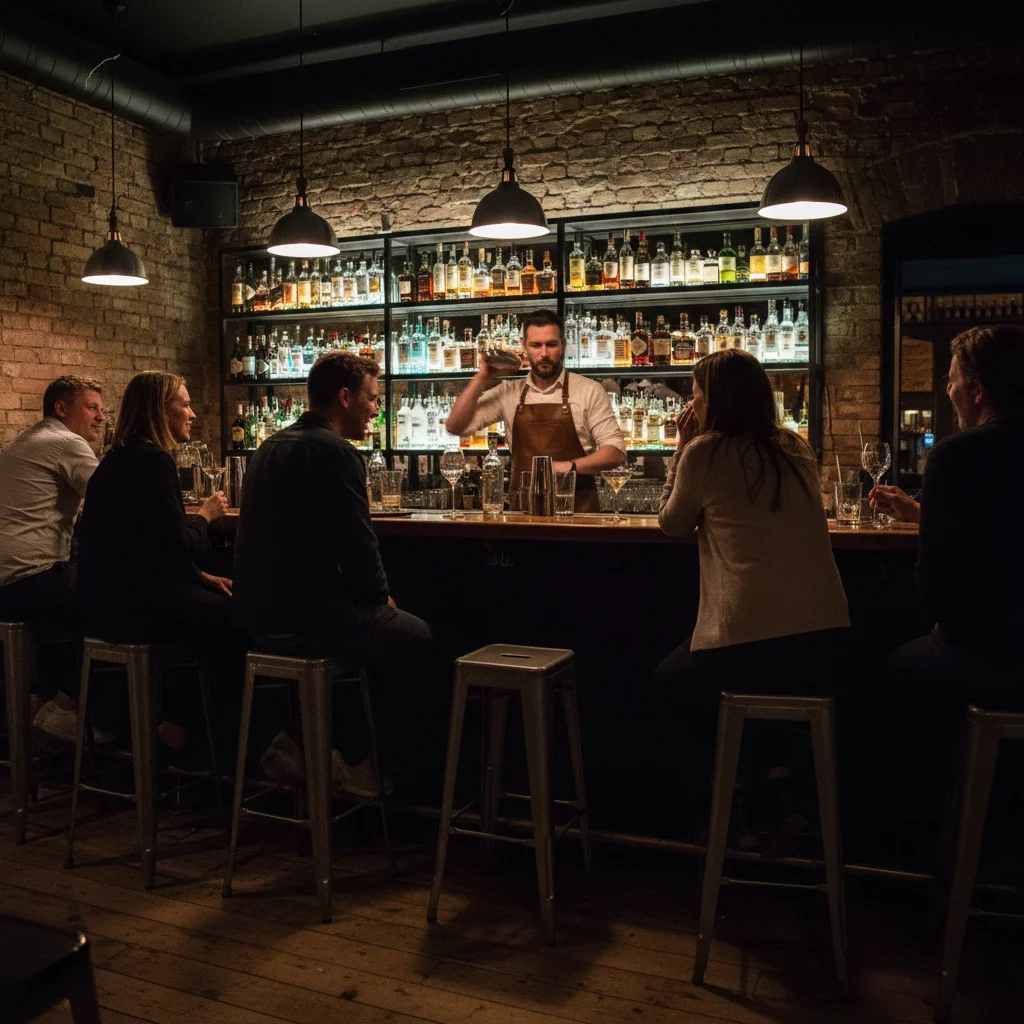 Cocktailbar in Stockholm mit warmem Licht, Holztresen und skandinavischem Design