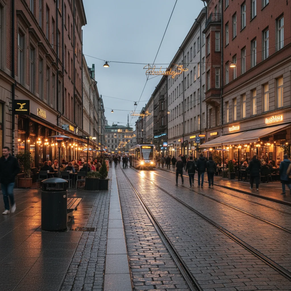 Die beleuchtete Avenyn in Göteborg am Abend mit Restaurants und Passanten