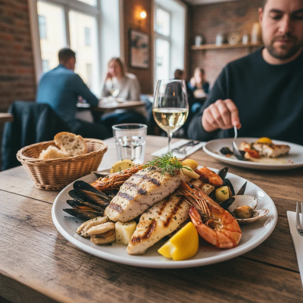 Teller mit gegrilltem Fisch und Meeresfrüchten in einem Göteborger Restaurant