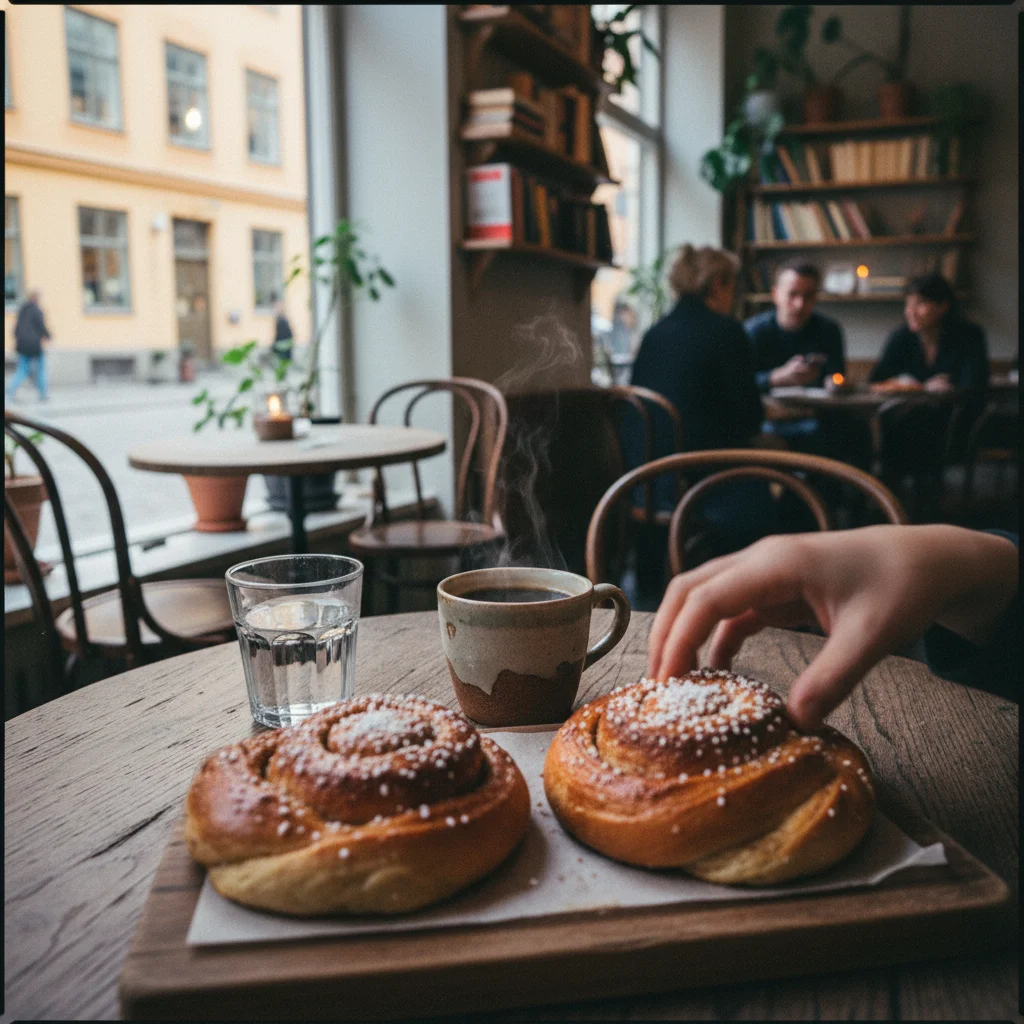 Gemütliches Café in der Haga Nygata mit Zimtschnecken und Kaffee auf dem Tisch