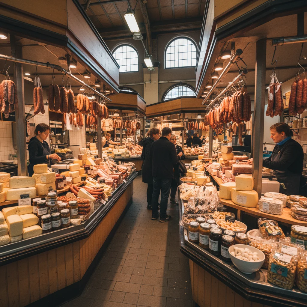 Stände in der Stora Saluhallen in Göteborg mit Käse, Wurst und schwedischen Spezialitäten