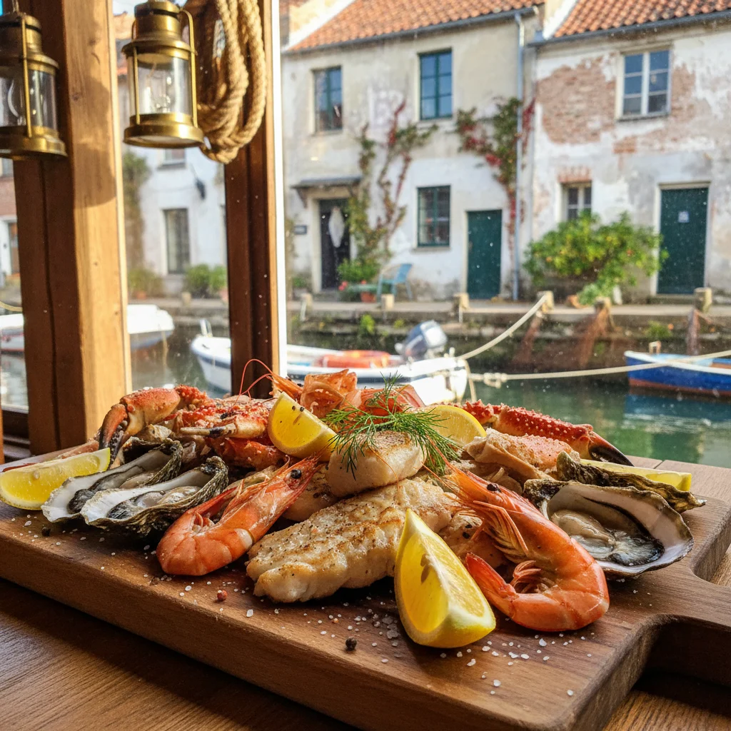Fischgericht in einem Göteborger Restaurant mit frischen Meeresfrüchten und Westküsten-Kräutern