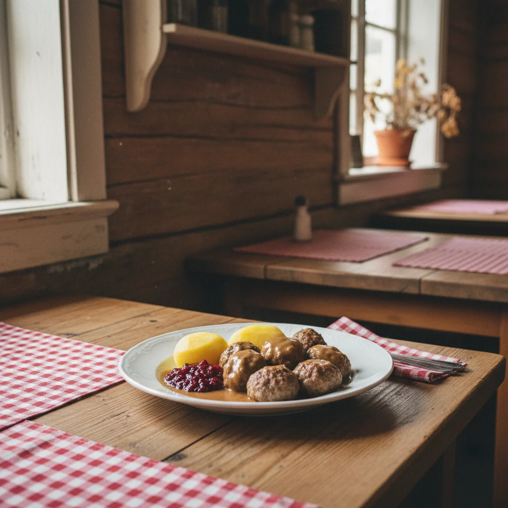 Rustikales schwedisches Landgasthaus mit Holztischen und traditioneller Einrichtung