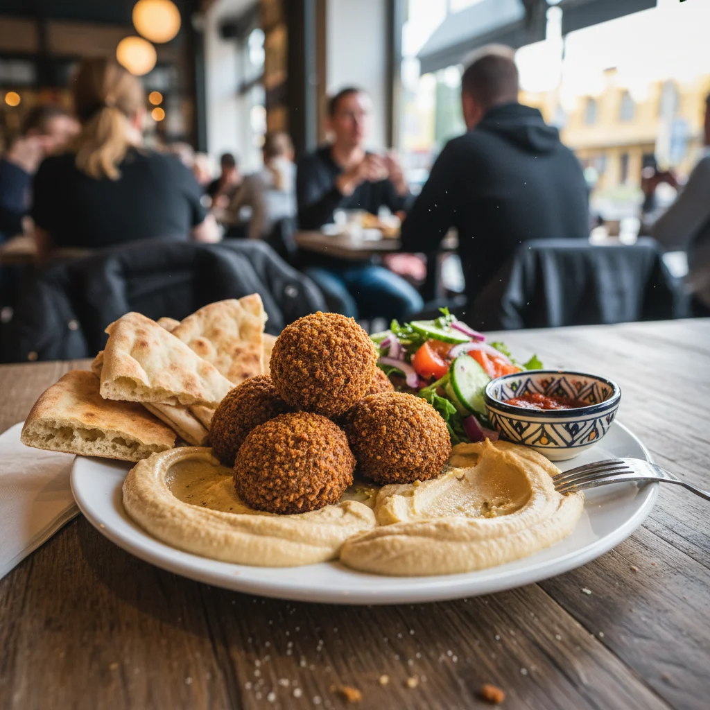 Frisch zubereiteter Falafel-Teller mit Hummus, Salat und Fladenbrot in einem Malmöer Restaurant