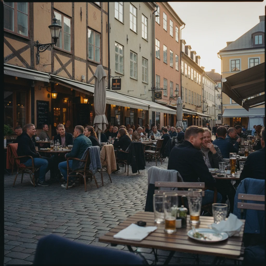 Gemütliche Restaurantterrassen auf dem Lilla Torg in Malmö bei Abendstimmung