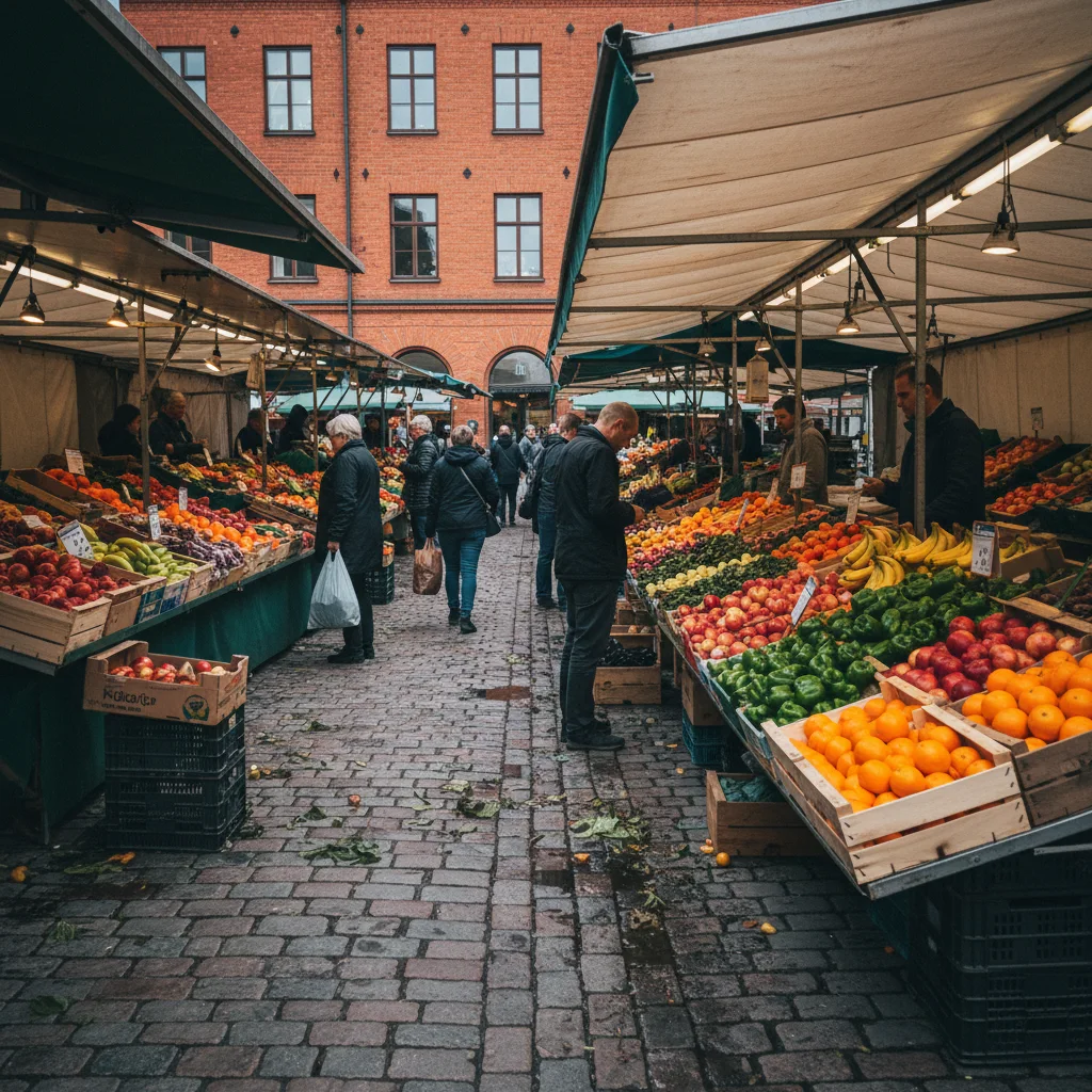 Bunter Markt am Möllevångstorget in Malmö mit Obst- und Gemüseständen