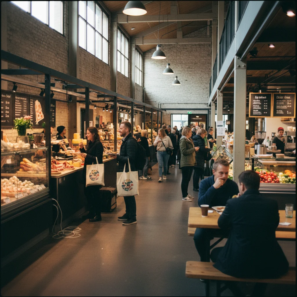 Innenansicht der Malmö Saluhall mit verschiedenen Food-Ständen und Besuchern