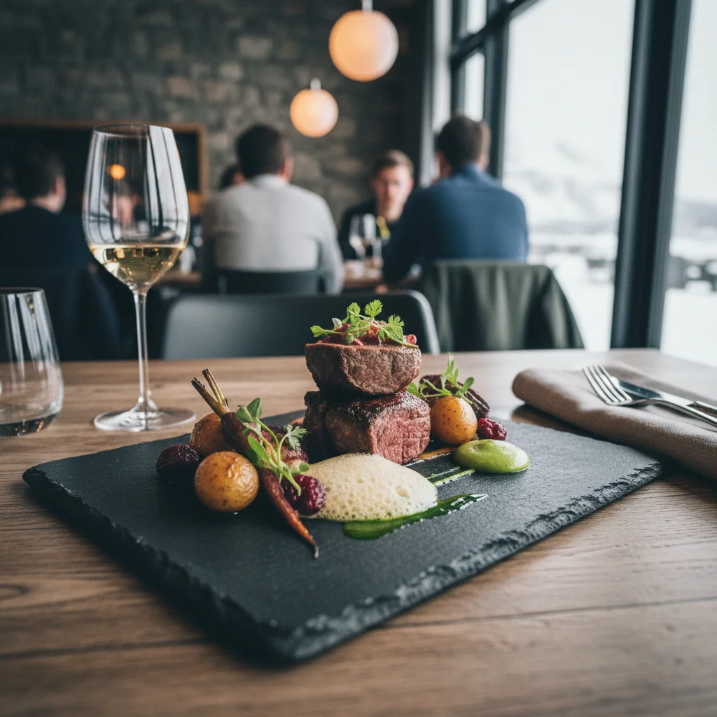 Elegant angerichtetes Gericht mit isländischem Lamm in einem gehobenen Restaurant